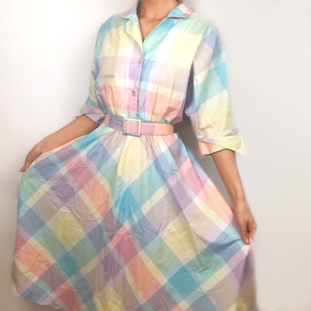 70s retro · rainbow pastels A-line midi dress